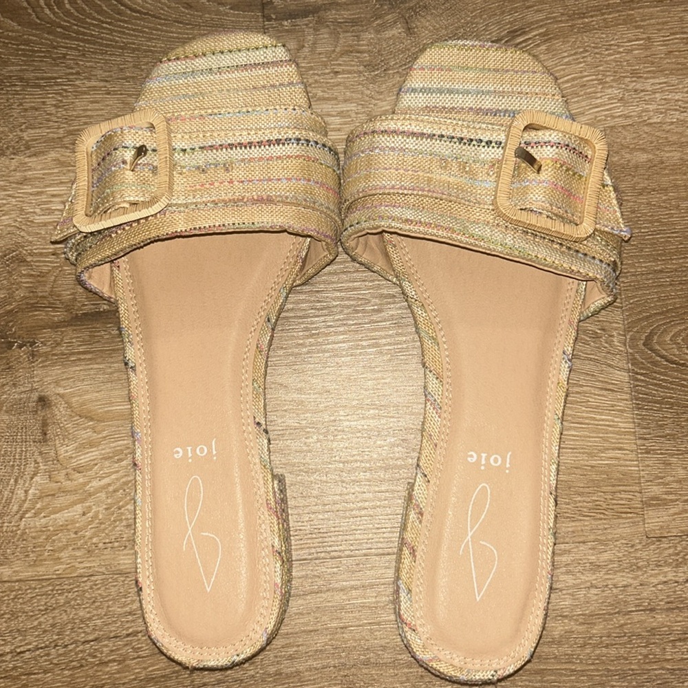 Joie Beige Multicolor Stripe Buckle Slide Sandals
